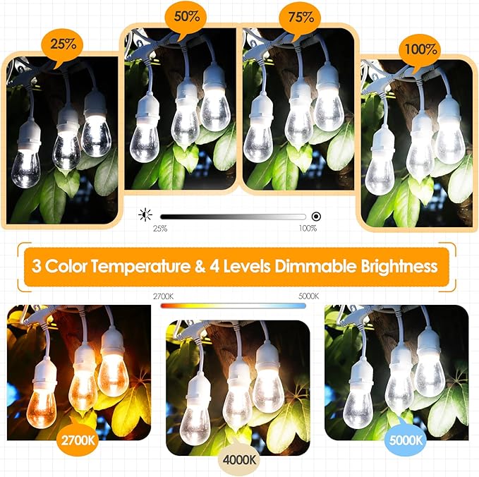 Mlambert 3 Color Outdoor LED Dimmable String Lights with Remote, Plug in 144FT(3x48FT) Waterproof Shatterproof LED Light for Patio Backyard-White Cord