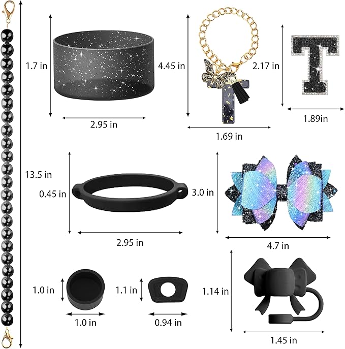 9PCS Black for Stanley Cup Accessories Set Bling Initials Bow Charms for Stanley Decorations 30/40 Oz Tumbler Accessories Including Bow Straw Topper, Handle Strap, Spill Stopper（Letter T）