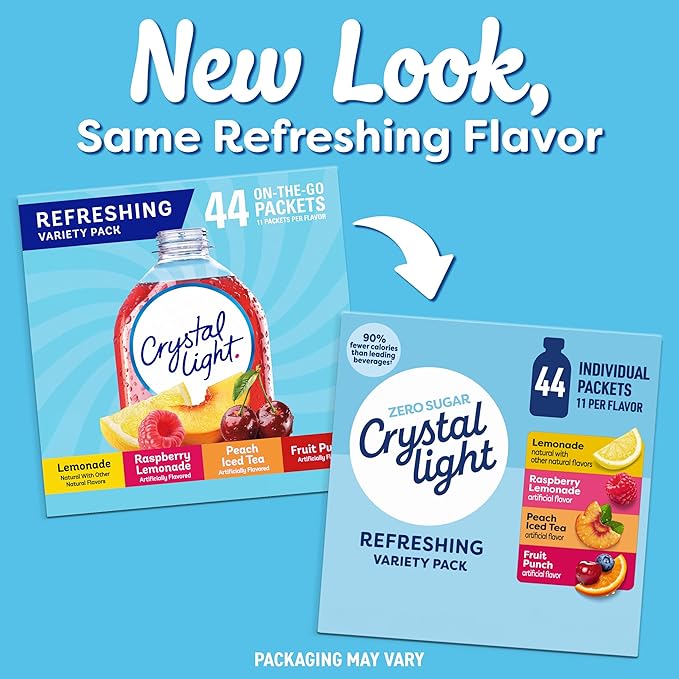 Crystal Light Refreshing Drink Mix Variety Pack, 44 Packets, for Convenient Hydration, Lemonade, Raspberry Lemonade, Peach Iced Tea, Fruit Punch, Natural and Artificial Flavor, Zero Sugar, 4.18 oz