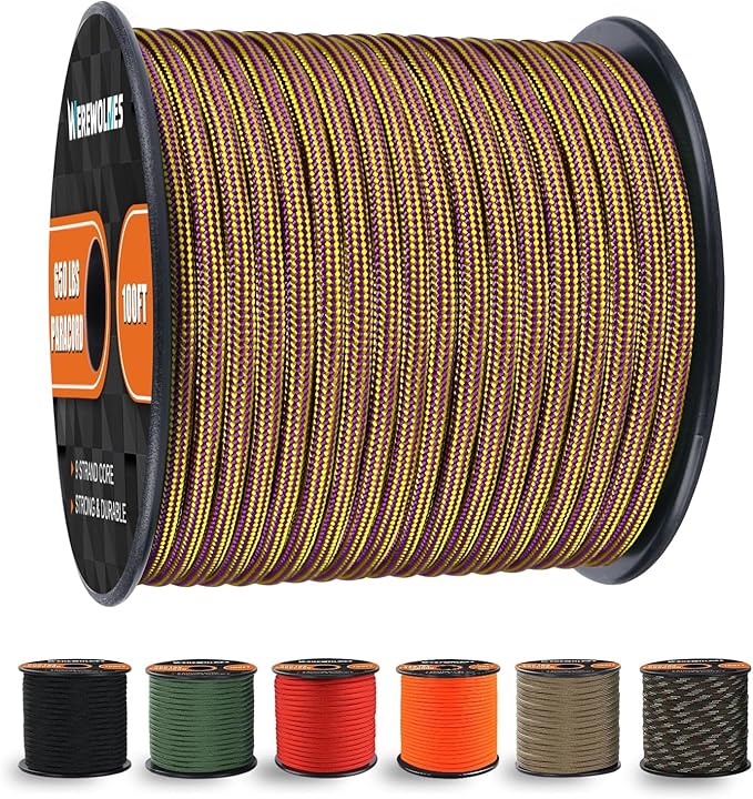 WEREWOLVES 650lb Paracord/Parachute Cord - 9 Strand Paracord Rope - 100', 200' Spools of Parachute Cord, Type III Paracord for Camping, Survival