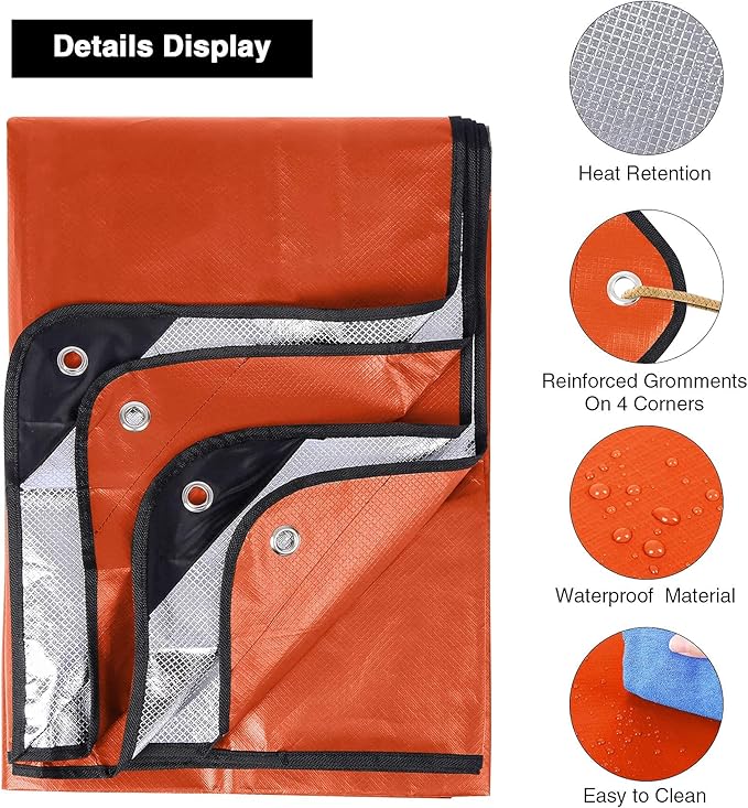 RedSwing Insulated Tarp, Multipurpose Emergency Thermal Tarps, Waterproof All Weather Heavy Duty Heat Reflective Survival Blanket for Camping Hiking, Orange