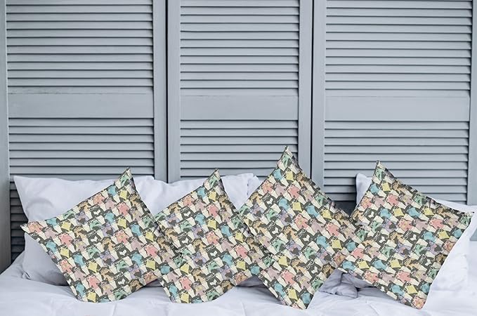 Ambesonne Funny Cartoon Throw Pillow Cushion Case Pack of 4, Theme of Playful Hipster Cats with Glasses Colorful Dotted Designed Print, Modern Accent Double-Sided Digital Printing, 16", Charcoal Grey