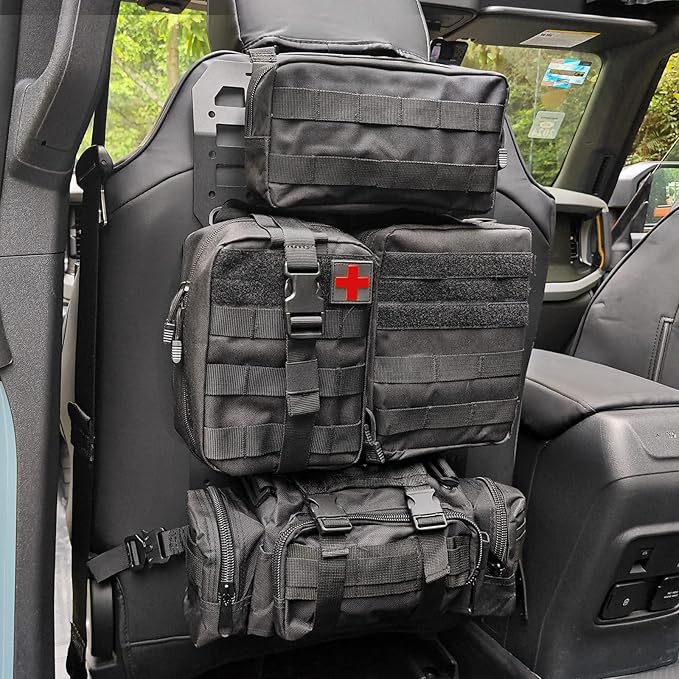 MAIKER 2pcs Tactical Seat Back Molle Panel Compatible with 2021-2025 Ford Bronco, Tactical Rigid Molle Aluminum Insert Panel with 4 Storage Bags and 10 Fastening Tape