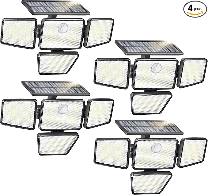 Philips Solar Security Light Outdoor, 196 LED Wall-Mounted Flood Light w/PIR Motion Sensor, 3 Modes, 4 Adjustable Heads Solar-Powered Floodlights with Remote Control, IP65 Waterproof 4PK