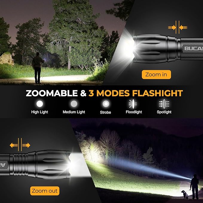 BUCASA 6 Pack Rechargeable Flashlights High Lumens, Brighter Small Flashlight Powerful Tactical Flashlights Rechargeable, Waterproof LED Flashlight with 3 Zoomable Modes for Camping Emergency