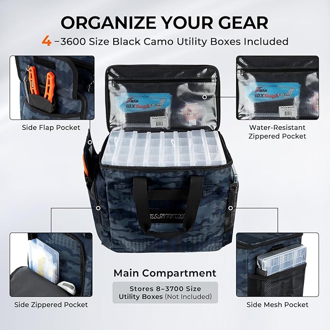 KastKing BaitSpace Fishing Tackle Bag With 4 Tackle Boxes & Removable Bait Binder, Water-Resistant Tackle Storage, Durable Fishing Gear, Adjustable Shoulder Strap