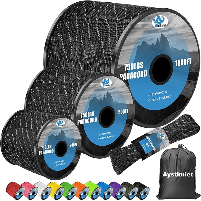 750Ib Reflective Paracord Rope,100' 200' 500' 1000', 4mm 11 Strand Parachute Spool Cord with Collecting Bag, para Cord Lanyard for Hammock, Camping