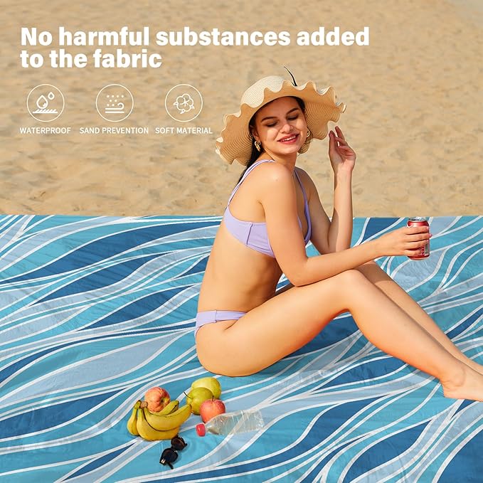 Famstar Beach Blanket Oversized Extra Large78 X 110",Waterproof Sandproof Beach Blanket 2-8 Adults Lightweight Durable for Travel Camping Hiking Picnic