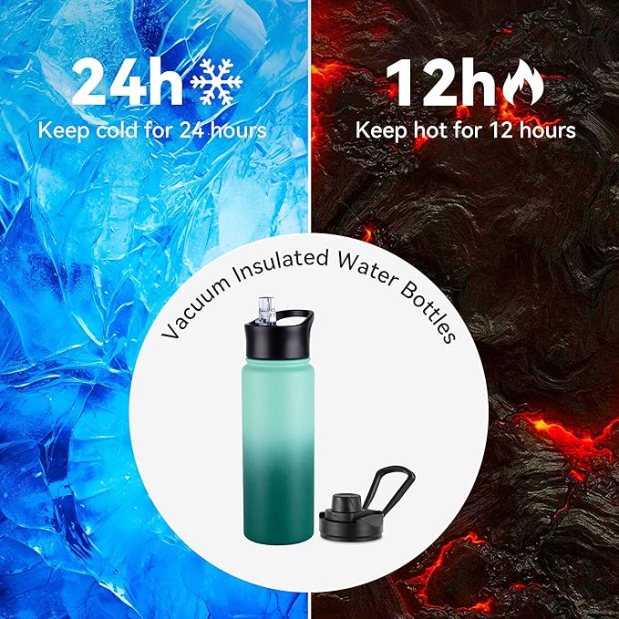 16 oz Insulated Water Bottle with Straw Lids, Stainless Steel Kids Water Bottles for School, Double Wall Vacuum Metal Water Bottle with Straw & Wide Mouth Lid, Gradient Green 8 Pack