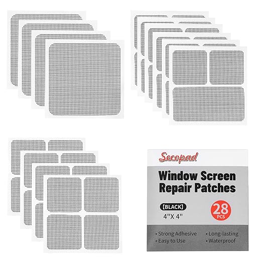 Secopad 28 Sheets Window Screen Patches Repair Kit, Black 3 Sizes Window Screen Repair Kit for Mesh Screen Door, Strong Adhesive Fiberglass Quick Screen Repair Tape