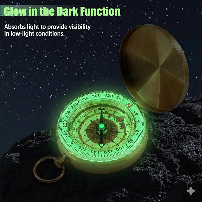 Brass Pocket Compass with Luminous Dial, Golden Vintage Pocket Watch Style Compass, Sports Waterproof Navigation Maganetic Compass with Key Ring for Outdoors Camping Hiking Survival