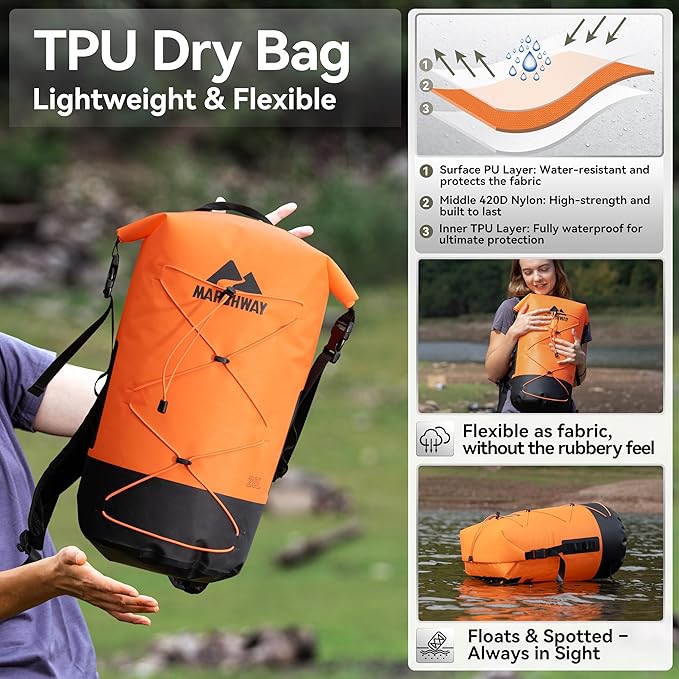 MARCHWAY Floating Roll Top Dry Bag, Flexible Lightweight TPU Waterproof Backpack 20L/30L/40L with Padded Straps for Boating, Kayaking, Swimming, Hiking, Beach (Orange, 40L)