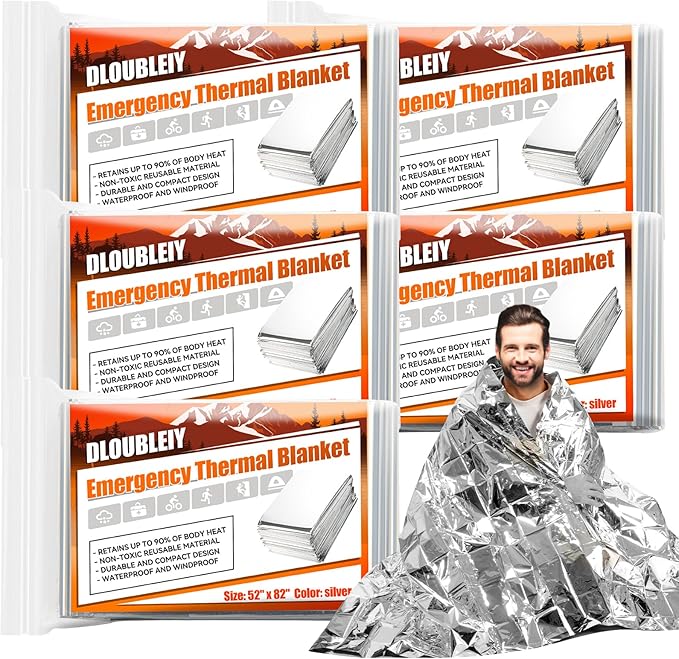5-Pack Emergency Thermal Blankets, Heavy Duty Mylar Space Blanket with Ultimate Body Heat Retention for Camping Survival Kit, Car Emergency and Hiking, Waterproof & Windproof