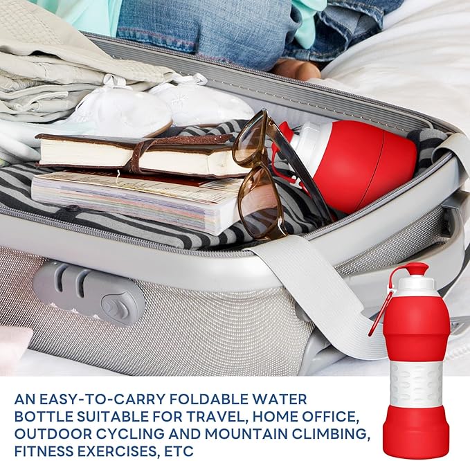Collapsible Lightweight 20oz Water Bottle, Food-Grade Silicone BPA Free, Foldable Portable Leak Proof Office Travel Cycling Sports Outdoor Water Bottle with Vertical Hook (red, Short nozzle)