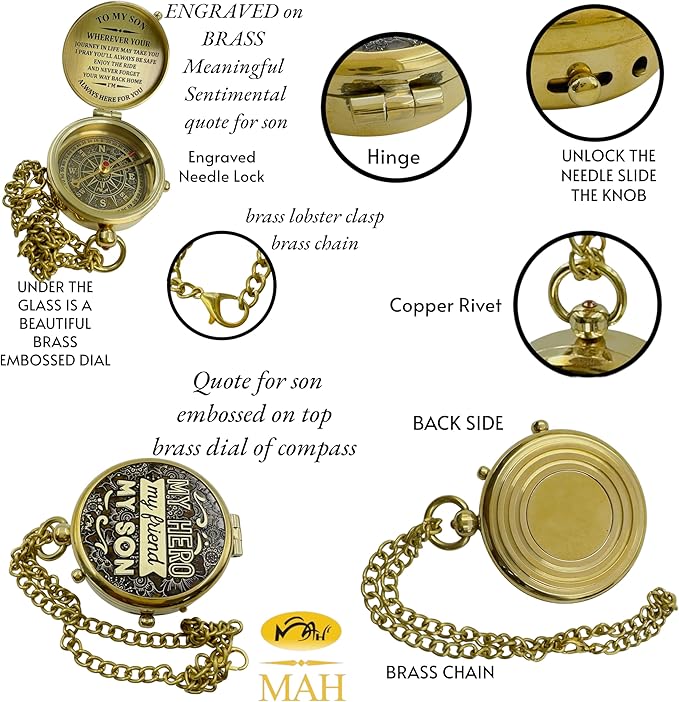 Brass Compass Gift to My Son Never Forget I Love You, Sentimental Keepsake from Mom Dad Grandparents, Inspirational Guidance Compass Gift for Son Graduation Birthday Baptism Confirmation Gift Idea