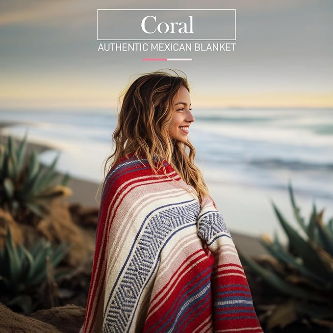 Hydration Nation Authentic Mexican Serape Blanket - Soft & Durable - Lightweight Falsa - Coral, 70"x50"