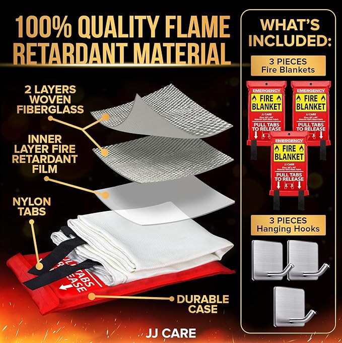 JJ CARE Fire Blanket – 3 Packs with Hooks – 40” x 40” Fire Blankets Emergency for Home and Kitchen, High Heat Resistant and Flame Protection for Kitchen, Car, Office, Camping & Home Safety