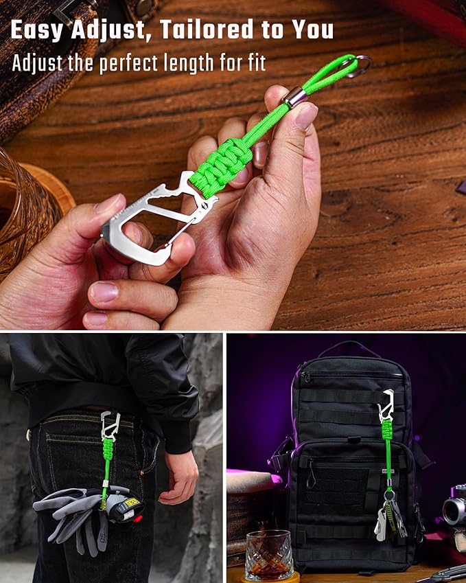 KeyUnity KC04 Paracord Keychain Carabiner Clip, Braided Lanyard with Stainless Steel Key Ring and Bead for Hanging Bottles