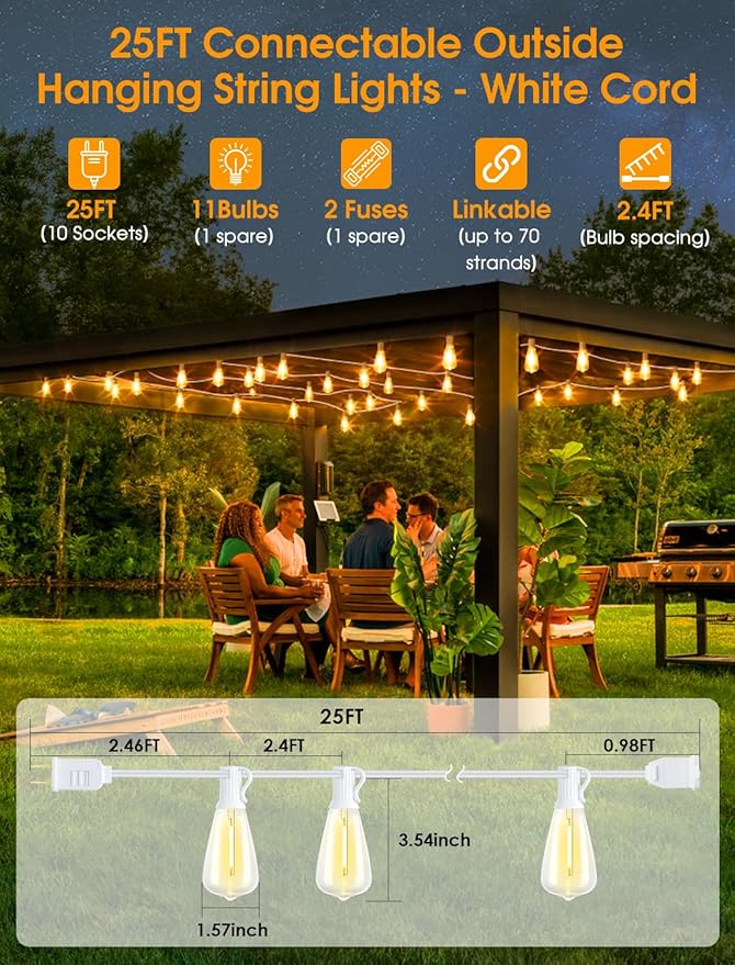 Larkvue 25FT Outdoor String Lights, Patio Lights with 10+1 2700K LED Dimmable Waterproof Outside Hanging ST38 Edison Bulbs for Backyard, White Cord