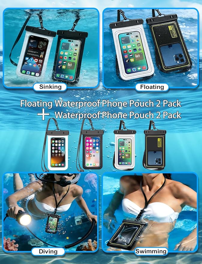 Famoby 4 Pack IP68 Waterproof Phone Pouch (2 Pack Floating and 2 Pack Sinking Waterproof Phone Pouch) Adjustable Neck Lanyard Dry Bag for Apple iPhone,Samsung,and up to 8.5" Black,White