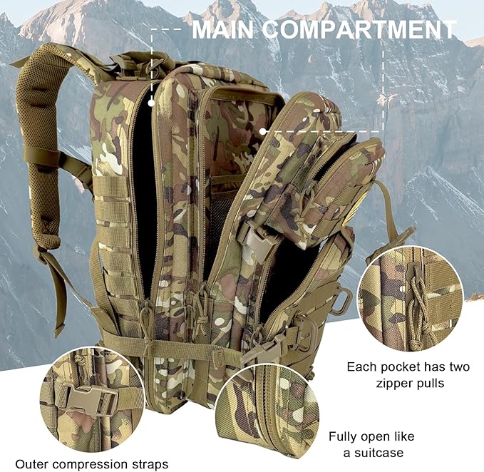 Hannibal Tactical MOLLE Assault Backpack, Tactical Backpack Military Army Camping Rucksack, 3-Day Pack Trip w/USA Flag Patch, D-Rings, Cp