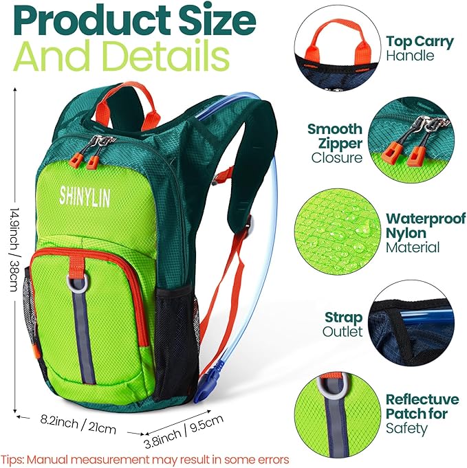 Shinylin 2 Pcs Kids Hydration Backpack with 1.5L Water Bladder Lightweight Kids Hiking Backpack Water Rucksack for Boys Girls Climbing Running