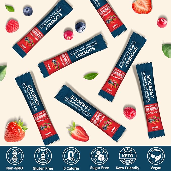 Electrolytes Powder Packets Sugar Free Hydration Packets, Liquid Daily IV Electrolyte Drink Mixex for Rehydration with Electrolytes, Vitamins, 0 Calorie, Mix Berry Flavor, 20 Sticks