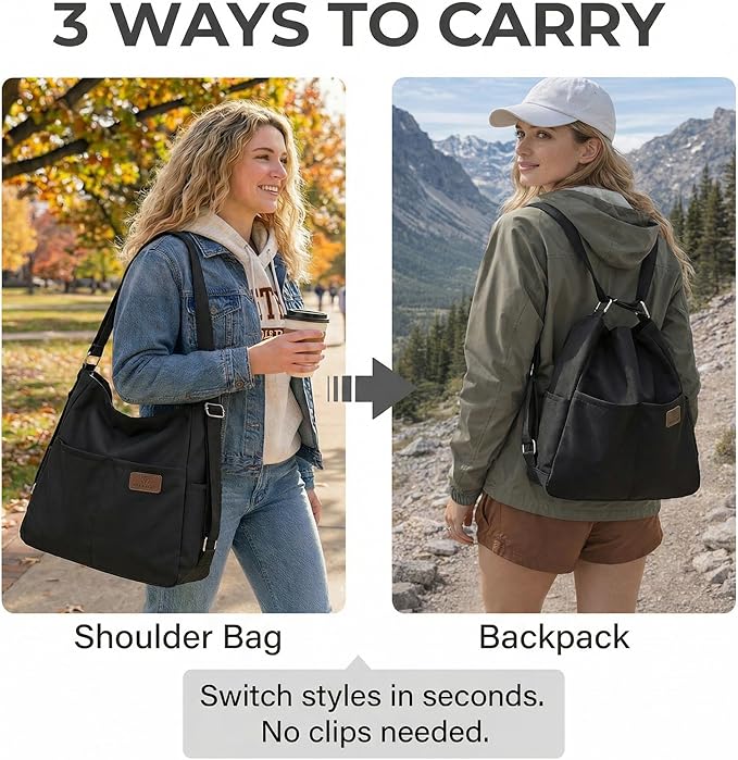 Women's Convertible Backpack Purse - Water-Resistant Nylon Travel Bag - Large Capacity 3-Way Shoulder Tote & Daypack