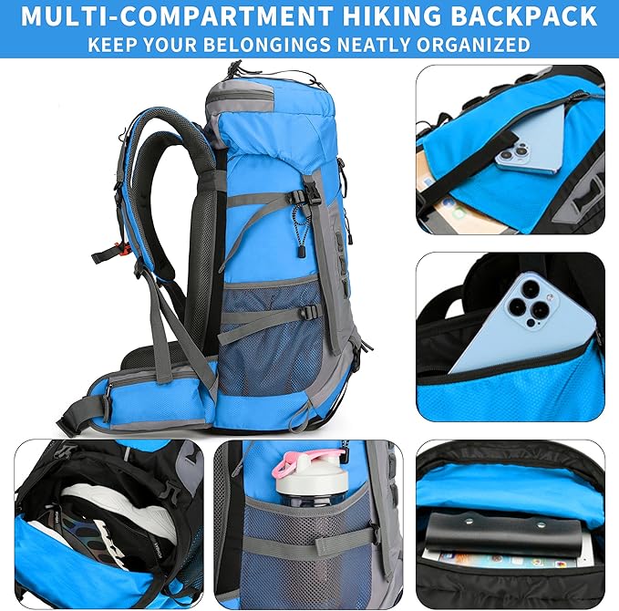 75L Hiking Backpack with Rain Cover Waterproof Camping Backpack Shoes Warehouse for Men Women, Frameless