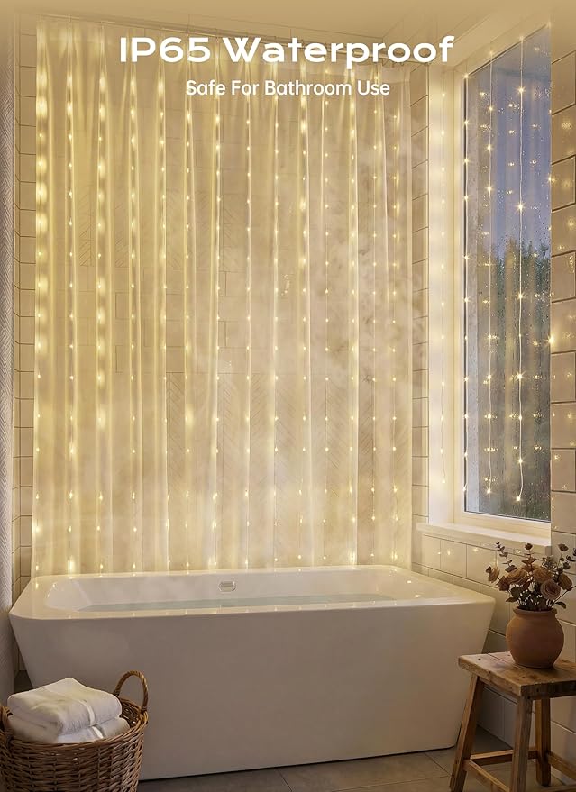Brightown 180 LED Shower Curtain Lights, 70 Inch Warm White Fairy Lights Battery Operated String Lights, 8 Modes Waterproof Christmas Lights for Indoor Outdoor Decor(No Curtain)