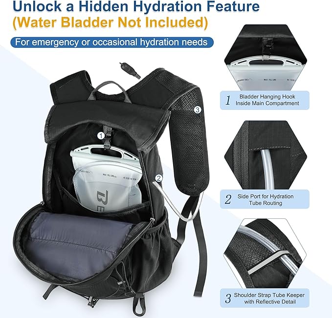 BECOJADDE Hiking Backpack 20L Small Backpack Packable Day pack Water Resistant Lightweight Travel Backpack for Women Men with Shoulder Strap Pockets for Hiking Camping Outdoor, Black