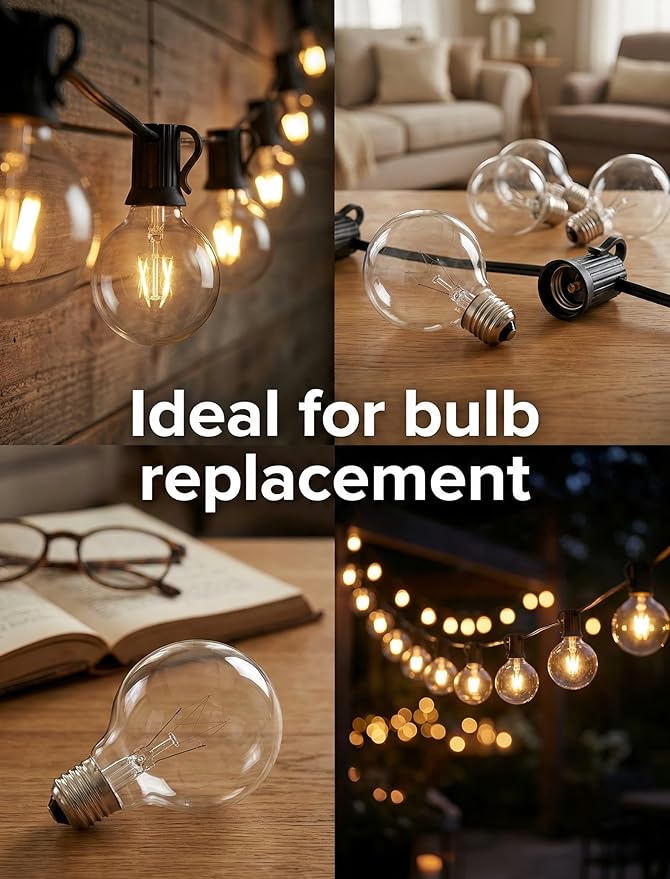G40 Replacement Bulbs, 15 Pack Incandescent Light Bulbs for Outdoor String Lights, 5 Watt E12 Bulb Candelabra Base, Clear Globe Light Bulbs for Patio Cafe Garden Decor, Warm White 120V 5W