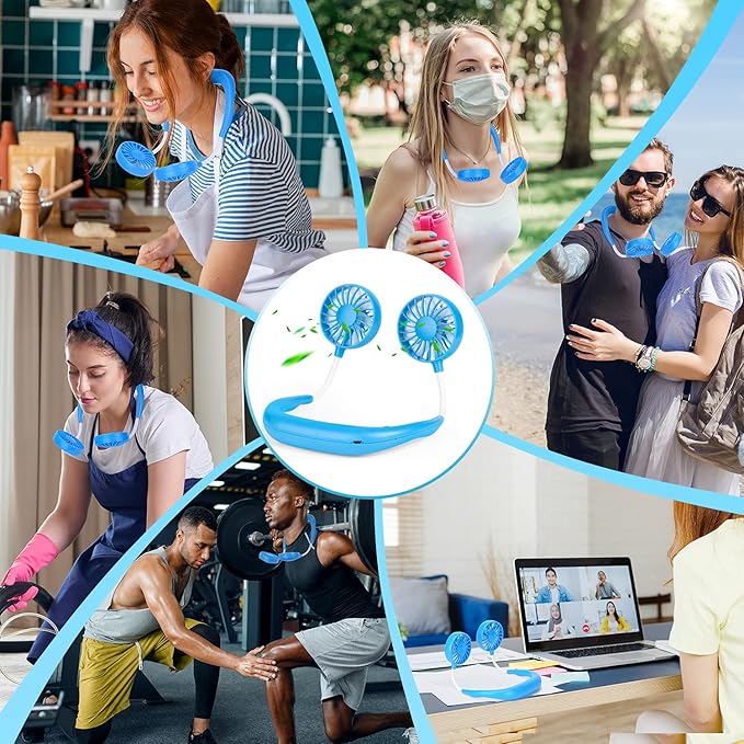Portable Neck Fan Rechargeable Personal Hand-Free Fan Mini USB Wearable Neckband Sport Fan, 3 Speed Adjustable, 360 Degrees Free Rotation Perfect for Working, Traveling, Office, Reading (Blue)