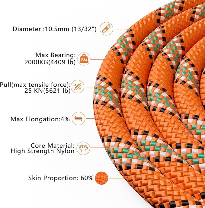 X XBEN Outdoor Climbing Rope 10M(32ft) 20M(64ft) 30M(96ft) 50M(160ft) 70M(230ft) 152M(500FT) 352M(1000FT) Static Rock Climbing Rope for Escape Rope Ice Climbing Equipment Fire Rescue Parachute