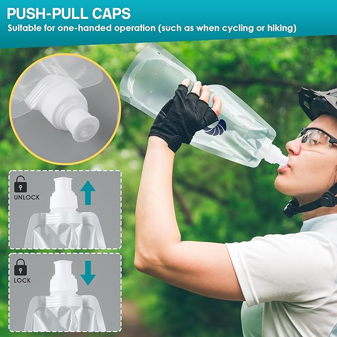 Filter 1L Collapsible Water Bottles with Push Pull Cap, Foldable Travel Water Bottle for Traveling, Hiking, Camping, Backpacking - Lightweight, Reusable, Clear Design