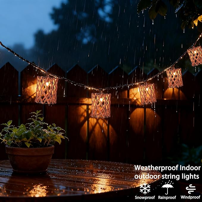 Decorative String Lights Plug in with 10 Incandescent Bulbs, Handwoven Rattan Cylinder-shaped Boho Lantern String Lights Connectable Weatherproof Outdoor Indoor for Bedroom Patio Pergola Decor (Brown)