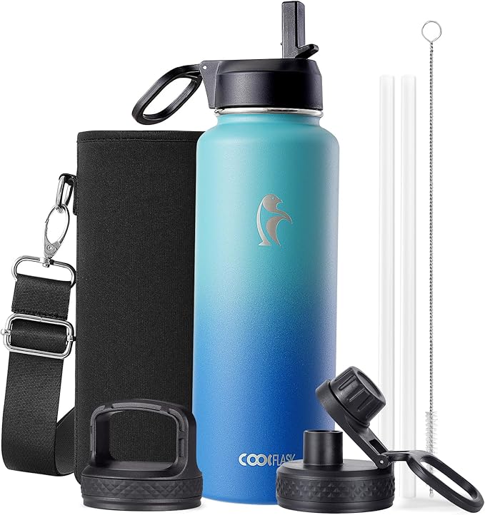 Coolflask Water Bottle 40 oz Insulated with Straw, Stainless Steel Metal 3 Lids Water Flask for Sports or Office, Keep Cold 48H Hot 24H, Indigo Blue