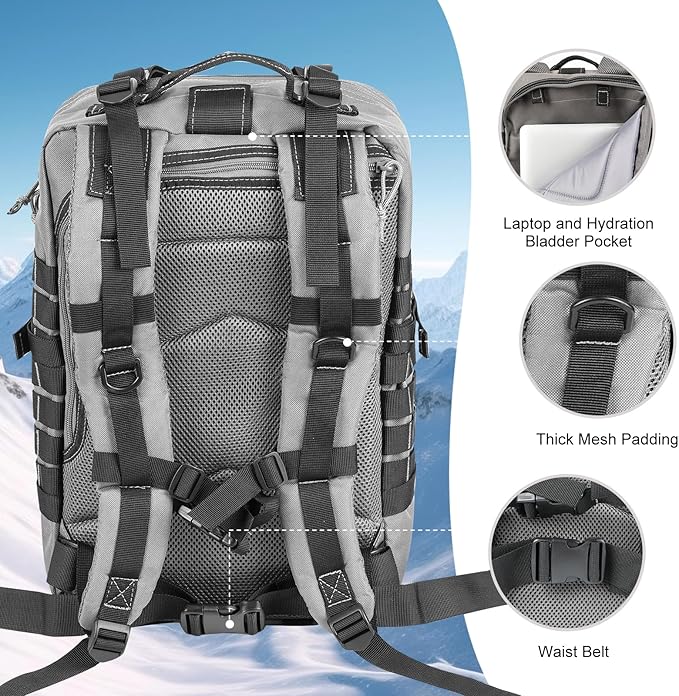 Hannibal Tactical MOLLE Assault Backpack, Tactical Backpack Military Army Camping Rucksack, 3-Day Pack Trip w/USA Flag Patch, D-Rings Grey and Black