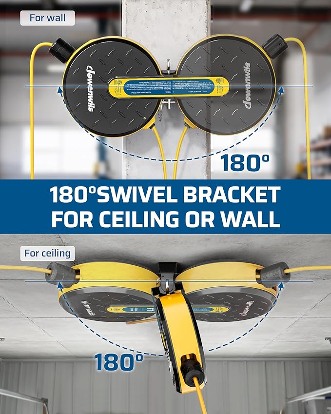 DEWENWILS 30FT Retractable Extension Cord Reel, Ceiling/Wall Mount 16/3 SJTW Power Cord with 3 Lighted Triple Outlets for Garage Shop, 10 Amp Circuit Breaker, Metal Plate, ETL Listed, Yellow