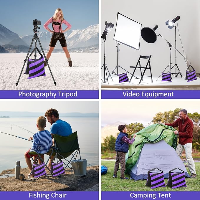 4 Packs Purple Sandbag Weight Bags for Light Stand Photography Video Equipment, Heavy Duty Saddlebags for Backdrop Stand, Photo Tripod, Canopy, Pop up Tent, Umbrella Base, Fishing Chair, Picnic Table
