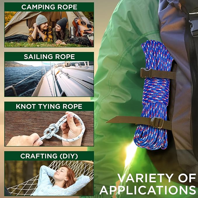 TECEUM Rope – 90 Feet x 3/8 Inch (10mm) – Patriot Mix – Strong All-Purpose Utility Rope – Camping, Crafting, Flag Pole, Indoor & Outdoor – Polypropylene Nylon Poly Lightweight Diamond Braided Cord