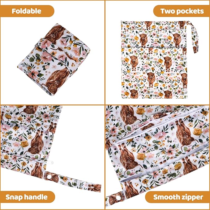 2pcs Cloth Diaper Wet Dry Bags Waterproof Reusable with Two Zippered Pockets Travel Beach Pool Stroller Daycare Soiled Baby Items Yoga Gym Bag for Swimsuits or Wet Clothes - Highland Cow