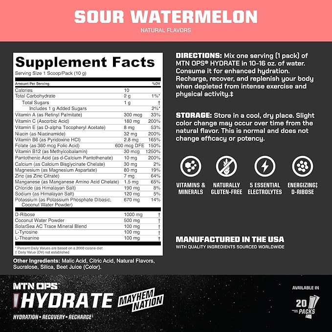 MTN OPS Hydrate Low Sugar Electrolyte Powder Drink Mix with 1g D-Ribose Sugar, 1000mg Electrolytes, On-The-Go Packs, 20 Stick Packs, Sour Watermelon