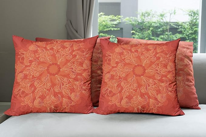 Ambesonne Red Mandala Throw Pillow Cushion Case Pack of 4, Vibrant Colored Doodle Style Nature Romantic Abstract Bouquet Art, Modern Accent Double-Sided Digital Printing, 16", Scarlet Orange