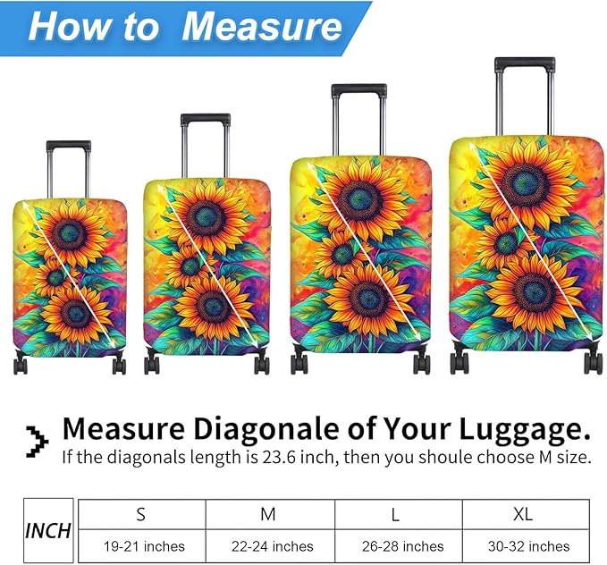 Luggage Cover Protector for 30-32 Inch Suitcases, TSA Approved Elastic Travel Suitcase Covers, Anti-Scratch Washable Luggage Sleeve for Carry On & Checked Bags, Three Sunflowers