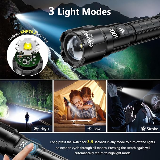 Wdtpro LED Rechargeable Flashlight 2Pack, 3Modes Super Bright High Lumens Flashlights, Zoomable Tactical Flashlight with LCD Display, IP65 Waterproof Flashlights for Home Emergency Camping & Gifts Men