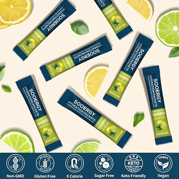 Electrolytes Powder Packets Sugar Free Hydration Packets, Liquid Daily IV Electrolyte Drink Mixex for Rehydration with Electrolytes, Vitamins, 0 Calorie, Lemon Lime Flavor, 20 Sticks