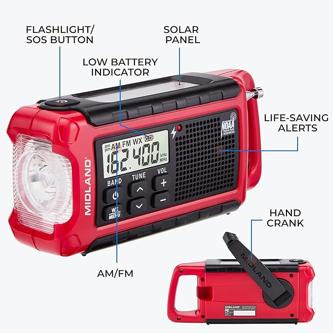 Midland ER210 NOAA Emergency Weather Radio - Compact, Crank, Weather Alerts, AM/FM Radio, Multiple Power Sources, SOS Emergency Flashlight