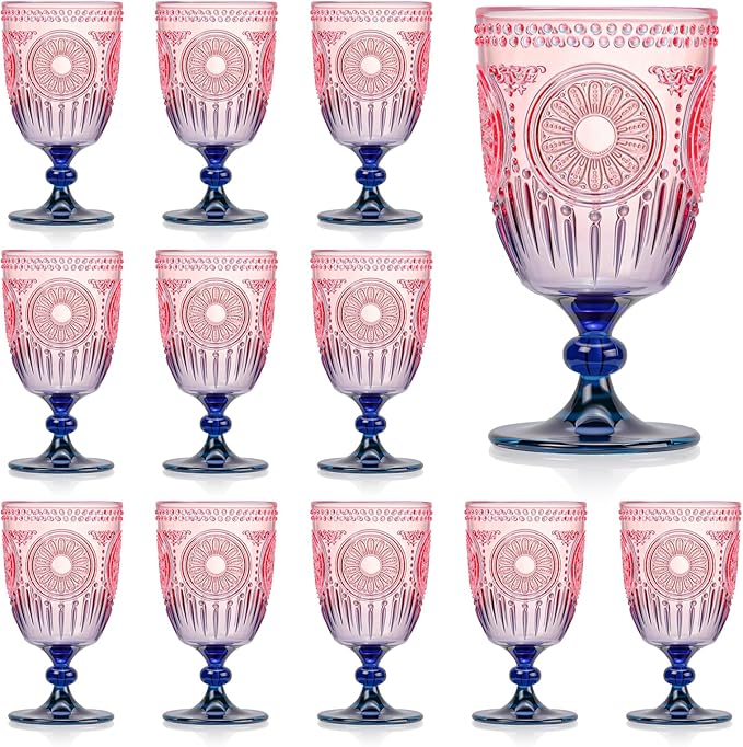 XUWAIDSGN 12Pcs Plastic Vintage Wine Glasses 13.5oz Reusable Embossed Goblet Glasses Pink Blue Gradient Retro Wine Glassware Unbreakable Stemmed Champagne Water Cups for Wine Cocktail Juice Wedding