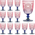 XUWAIDSGN 12Pcs Plastic Vintage Wine Glasses 13.5oz Reusable Embossed Goblet Glasses Pink Blue Gradient Retro Wine Glassware Unbreakable Stemmed Champagne Water Cups for Wine Cocktail Juice Wedding
